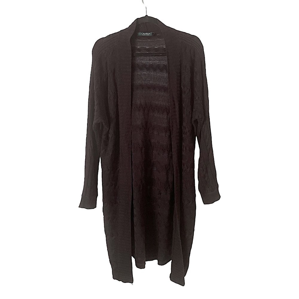 Lauren Ralph Lauren Black Horizontal Cable Knit Long Line Open Cardigan‎ S